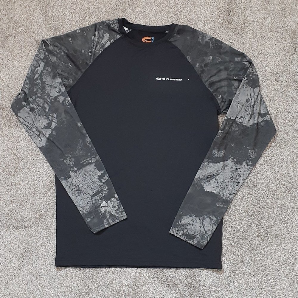 Women's O'RAGEOUS Activewear Long Sleeve Pullover Top; Black w Camo; Size Large